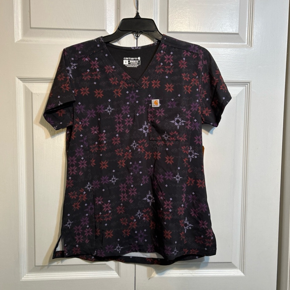 NWT Carhartt Force Women's Medical Scrub Top Size S Small Purple Black V-Neck